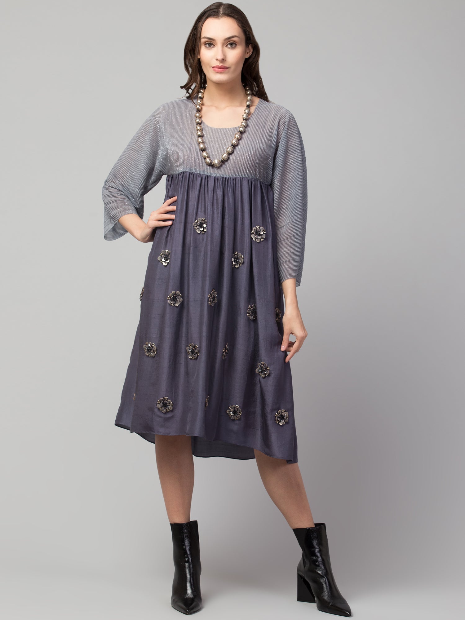 SLATE GREY GATHERED DRESS – divyajainstudio